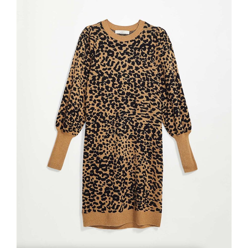 ANN TAYLOR LOFT Animal Print Jacquard Sweater Dress Tan Black Leopard {MM49}
